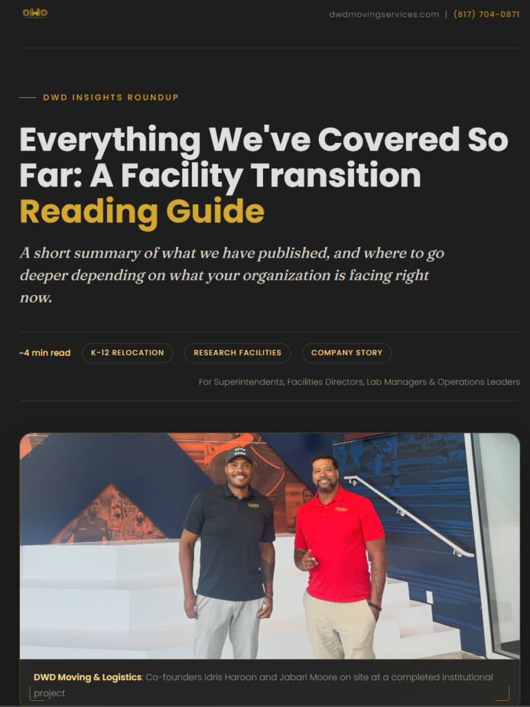 DWD Moving & Logistics co-founders Idris Haroon and Jabari Moore in branded DWD polo shirts on site at a completed institutional relocation project Texas.